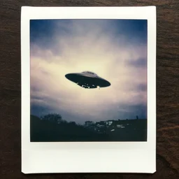 an aged polaroid photo of a small ufo flying above london, gloomy, grainy