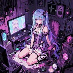 digital art of a messy room, pastel goth aesthetic, high contrast, vaporwave, sharp details, intricate details, hd anime, trending on artstation