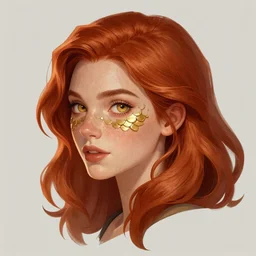a profile picture of a sweet redheaded young woman with freckles like brass scales, wavy shoulder-length hair, gold eyes, headshot, dungeons and dragons, digital art, D&D, artstation