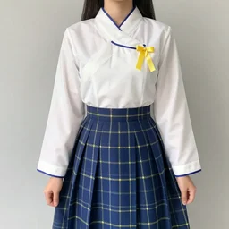 She wears a long sleeve white top with an overlapping sideways collar. Both the collar and the end of sleeves is trimmed in blue. A dainty yellow ribbon is pinned to the left side of the top, right where the overlapping collar ends. The skirt is dark blue with a simple yellow pattern, and starts above her waist, right just above the bottom of her ribcage, and flows out long and full to the floor.