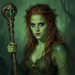 mindblowing portrait of emma watson as a swamp witch, green colored skin!!, holding a caduceus staff, messy hair, deep focus, d & d, fantasy, intricate, elegant, highly detailed, digital painting, artstation, concept art, matte, sharp, illustration, hearthstone, art by artgerm and greg rutkowski and alphonse mucha