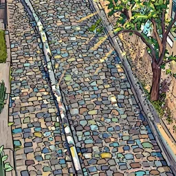 a lonely cobblestone street with a tree on a cliff over the sea at sunset, brightly illuminated by rays of sun, artstation, colorful illustration by Scotty Reifsnyder