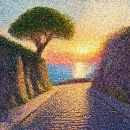 a lonely cobblestone street with a tree on a cliff over the sea at sunset, brightly illuminated by rays of sun, artstation, colorful illustration by Scotty Reifsnyder