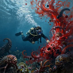 underwater diver being consumed by a torrent of creatures, blood, chaos, bubbles, shadows, teeth, terror, painting, artistic, 4k,