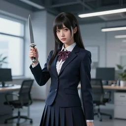magical and mystical school girl holding a knife on modern office, octane render, rembrandt, cgsociety, artstation trending, highly detailded
