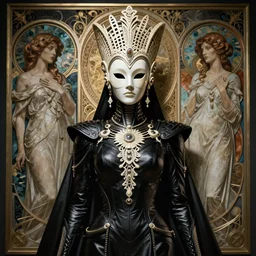 a cyborg empress with mask, black leather garment with art nouveau ivory accessories, cyberpunk, darksynth, luxury, concept art by jama jurabaev, extremely detailed, ominous, ethereal, artstation, andree wallin, edvige faini, balaskas, alphonse mucha, symmetry