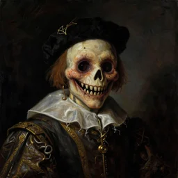 a close - up renaissance portrait of a dimly lit halloween scarecrow grinning. highly detailed science fiction horror painting by norman rockwell, frank frazetta, and moebius. gloomy dark environment, black background. sci - fi renaissance masterpiece