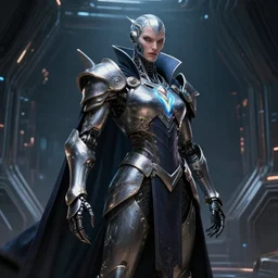detailed portrait of a cyborg, necromancer, warframe armor, benevolent, scifi, futuristic, elegant cape, perfect, glow, concept art, sharp focus, inside a space ship, trending on artstation, intricate, advanced technology, art by roman makarenko and simon almeida and marcos melco