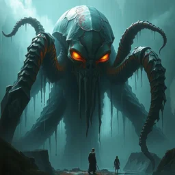 cthulhu of your nightmares, towering over you with glowing eyes, water dripping, highly detailed concept art painting, digital art, trending on arstation, by greg rutkowski and ismail inceoglu and midjourney