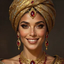 mindblowing portrait of an elegant tan woman in her 5 0 s, ornate turban, brown eyes, ruby and gold jewelry, big smile, deep focus, symmetrical face, d & d, fantasy, intricate, elegant, highly detailed, artstation, concept art, matte, sharp, illustration, hearthstone, digital painting by artgerm, greg rutkowski, alphonse mucha