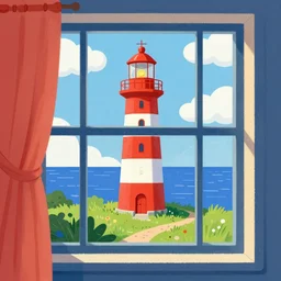seen through a window, colourful, lighthouse, courful illustration, by ilya kuvshinov mcbess rutkowski