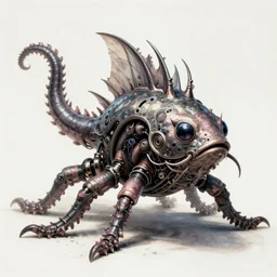 eldritch biomechanical axolotl tentacle fish, masterpiece, intricate, elegant, highly detailed, digital painting, smooth, sharp focus, illustration, art by james gurney, graeme base, brian froud, alan lee