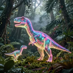 spectral neon glowing holographic dinosaur holograms, foggy jungle in the background, by greg rutkowski