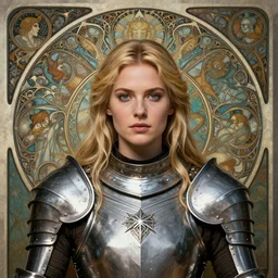 masterpiece head-on symmetrical centered portrait, Elisha Cuthbert as a D&D paladin warrior, wearing steel plate armour over chest, blonde hair, masterpiece fractal art nouveau background, elegant, distant, gothic medieval, in the style of Edgar Maxence and Ross Tran and Zdzisław Beksiński and Gustave Doré and H.R. Giger and Mucha, specular highlights, 8k, octane render