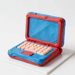 a red and blue laptop made of cake