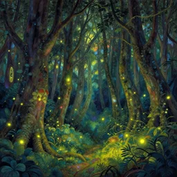 forest, overdetailed art, by greg rutkowski, by alfons mucha, complementing colors, magic, colorful lights, fireflies, detailed illustration