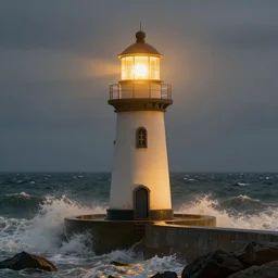 beautiful cozy lighthouse by a stormy sea, golden warm light, digital art trending on artstation