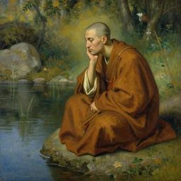 medieval, old blind monk, contemplating a pond, character design, painting by gaston bussiere, craig mullins, j. c. leyendecker, tom of finland