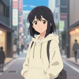 girl wearing hoodie, city, anime key visual, kyoto animation