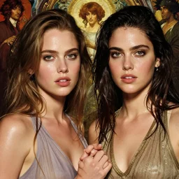 twins who are a mix of dove cameron and madison beer and jennifer lawrence rolling hard and peaking on ecstasy and glistening with sweat, dilated pupils, alena aenami and lilia alvarado and shinji aramaki and karol bak and artgerm and greg rutkowski and alphonse mucha and boris vallejo and frank frazetta