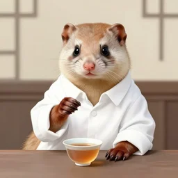 the portrait a weasel in a white shirts ， sit and drink chinese tea by wenjun lin, irakli nadar, bright colors, octopath traveler, wenjun lin, unreal engine 5 highly rendered, global illumination, radiant light, detailed and intricate environment