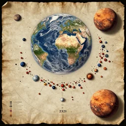 Combined map of Earth and Mars colonies in the year 2322, in the style of Gerardus Mercator, very detailed, hyperrealistic, unreal engine, on papyrus canvas, 8k resolution