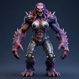 television monster woman, plentiful, 3 d, octane render, paint 3 d, scary, evil, gradient background, colorful, muscular hands, large steel legs, dark dull blue background