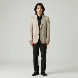 japanese man with long hair wearing a beige suit and black pants standing in the ocean, sunset, night, wide shot, ((tatsuro yamashita)), album cover, 1981, grammy award winning