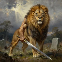 muscular lion as barbarian hunter with sword  , very textured detailed oil painting panoramic 4k hires detailed portrait by rembrandt,  dramatic clouds, graveyard   ,sun rays through trees