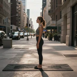 better posture better health, realistic, nyc flat background in perpective, realistic,