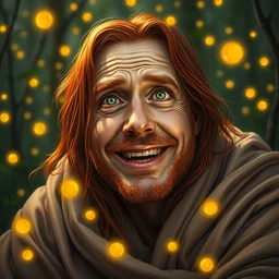 silvio berlusconi, smiling amazed, golden fireflies lights, sitting in the midst of nature fully covered, long loose red hair, intricate linework, bright accurate green eyes, small nose with freckles, oval shape face, realistic, expressive emotions, dramatic lights spiritual scene, hyper realistic ultrafine art by michael cheval, jessica rossier, boris vallejo
