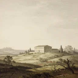 A serene landscape with a singular building in the style ofGiovanni Battista Piranesi.