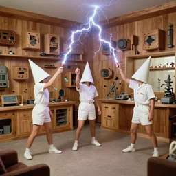 realistic photo of a three young scientists wearing white shorts, cone heads, casting a levitating thunderbolt, in a spacious living room sci - fi laboratory with many wooden gadgets made of wood interior is made of wood 1 9 9 0, life magazine reportage photo, natural colors