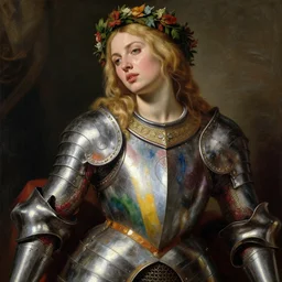 sweating, seductive saoirse ronan, blonde hair, wearing red, orange, yellow, green, blue, and purlple metal medieval armour, posing seductive, looking seductively, ornate wreath, oil painting by titian, hard focus