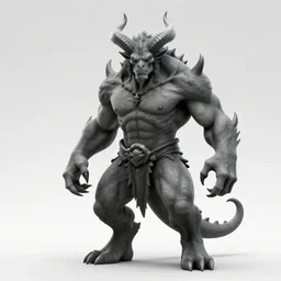 full body, grayscale, 3/4 view, muscled humanoid balrog demon, diablo, horns, claws, large horned tail, heroic pose, flames, fire, tarot, lineart, Gustave Dore