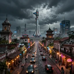 a futuristic traditional mexican colony, no people on the streets, blade runner 2 0 4 9 city architecture, cyberpunk mexican futuristic colonial architecture, spacex starship rocket launch site, environmental lighting, stormy weather, ray tracing, people walking on street, amazing view, highly detailed, heavy traffic, neon shops, octane render, unreal engine 5, 4 k