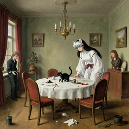 a shinigami returns home after a long day of reaping souls only to find his pet cat has made a mess of the dining room table. a surrealist interior mental landscape by hieronymus bosch, cyril rolando, esher and natalie shau, whimsical, profound, impossible