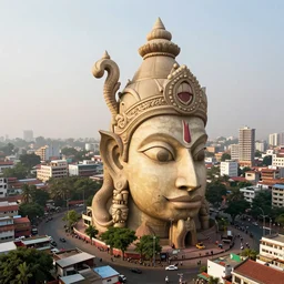 high quality 3 d dreamscape! mumbai with biomorphic hanuman head building, kalighat highly detailed, unreal engine cinematic smooth, stephen shore & john j. park, soft morning light, wide shot, high angle, uhd 8 k, deep focus