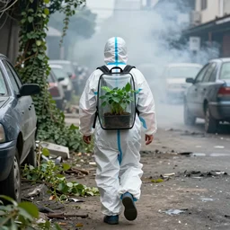 a photo of a boy wearing a hazmat suit, on his back is a small plant encased in a clear glass backpack, walking away from the camera, smoke in the background, filthy streets, broken cars. Vines growing. Jpeg artifacts. Full-color photo. Color color color color color. Award-winning photo. OM system 12–40mm PRO II 40mm, 1/100 sec, f/2 8, ISO 800