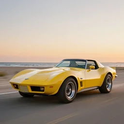 photorealistic art of a yellow 1979 stingray corvette at the beach at sunset, t-top, convertable, dynamic lighting, space atmosphere, hyperrealism, stunning visuals