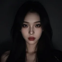 studio portait of evil young woman with dark eyes, mysterious, moody, shadows, selfie