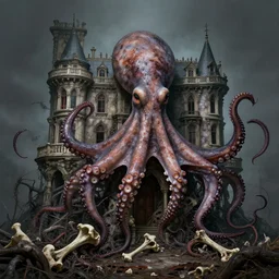 mansion house of hungry giant octopus, standing on piles of limbs and bones, hyperrealistic, horror, gothic, lovecraftian, 4 k, realistic, high detail, gruesome, by francisco goya