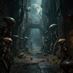 a dark steamy alley on a offworld planet colony in the year 2 1 3 2, outside the alley pass by many different alien species