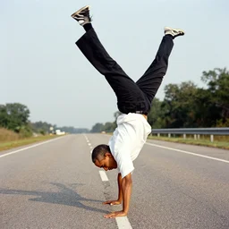 a profile shot of barack obama doing a handstand on the highway, highly detailed, 8 k resolution, 1 9 0 0 s picture,