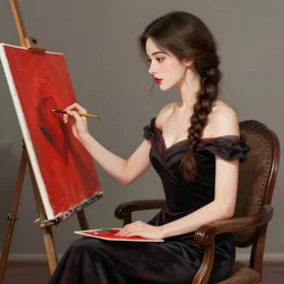 beautiful woman with braided brown hair, wearing an elegant dress, sitting in a chair, painting, red and black color palette, in the style of greg rutkowski, high quality anime artstyle, painting