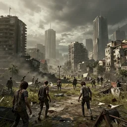 post apocalyptic city landscape zombies roaming, very highly detailed, photography, 4 k, sharp focus, art