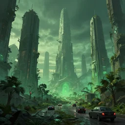 cinematic artwork of a beautiful modern lovecraftian city with huge monoliths, cars, trees, green ambient light, dusk, trending artstation