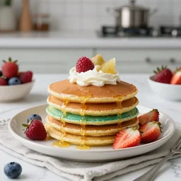 realistic photo of delicious rainbow pancakes with fruits, whipped cream, white kitchen table, cloth, marble, highly detailed, by louise lister, sara ali, mary devinat, kailee mandel, sharp focus!!, masterpiece, award winning, elegant, instagram, high quality food photography