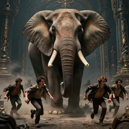 people running terrified of the giant elephant, high detail, 8k, ornate, dark fantasy, realistic, masterpiece, complex, WLOP, film still from the movie directed by Denis Villeneuve with art direction by Pablo Picasso and Greg rutkowski, centered