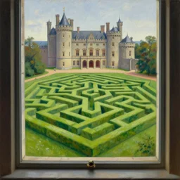 the surrealistic view from inside the castle window to the medium height green grass maze, edgy labyrinth, four seasons, by jacek yerka, by levitan, oil on canvas, acrylic, digital art, royal academy, masterpiece, trending on artstation, cinematic composition, sharp, details, hyper - detailed, hd
